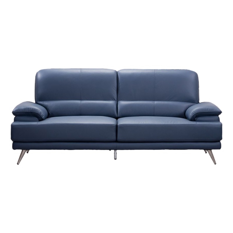 Benjara Justin Loveseat- Navy Blue Top Grain Leather- Stainless Steel Legs- 68