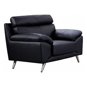 Benjara Justin Accent Chair- Black Top Grain Leather- Foam Cushions- Steel Legs