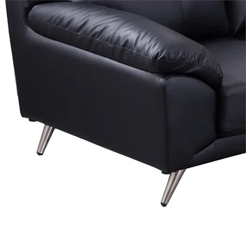 Benjara Justin Loveseat- Black Top Grain Leather- Stainless Steel Legs- 64 Inch