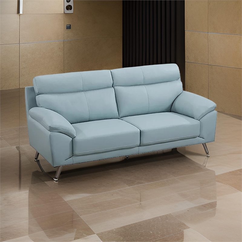 Benjara Justin Sofa- Light Blue Top Grain Leather- Cushions- Steel Legs- 80 Inch