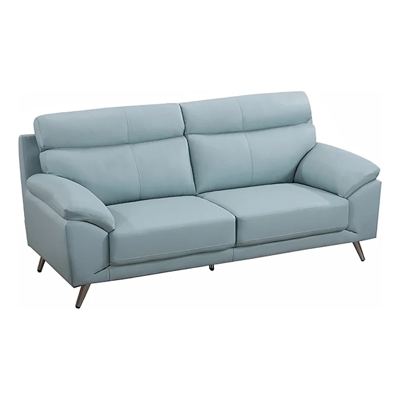 Benjara Justin Sofa- Light Blue Top Grain Leather- Cushions- Steel Legs- 80 Inch