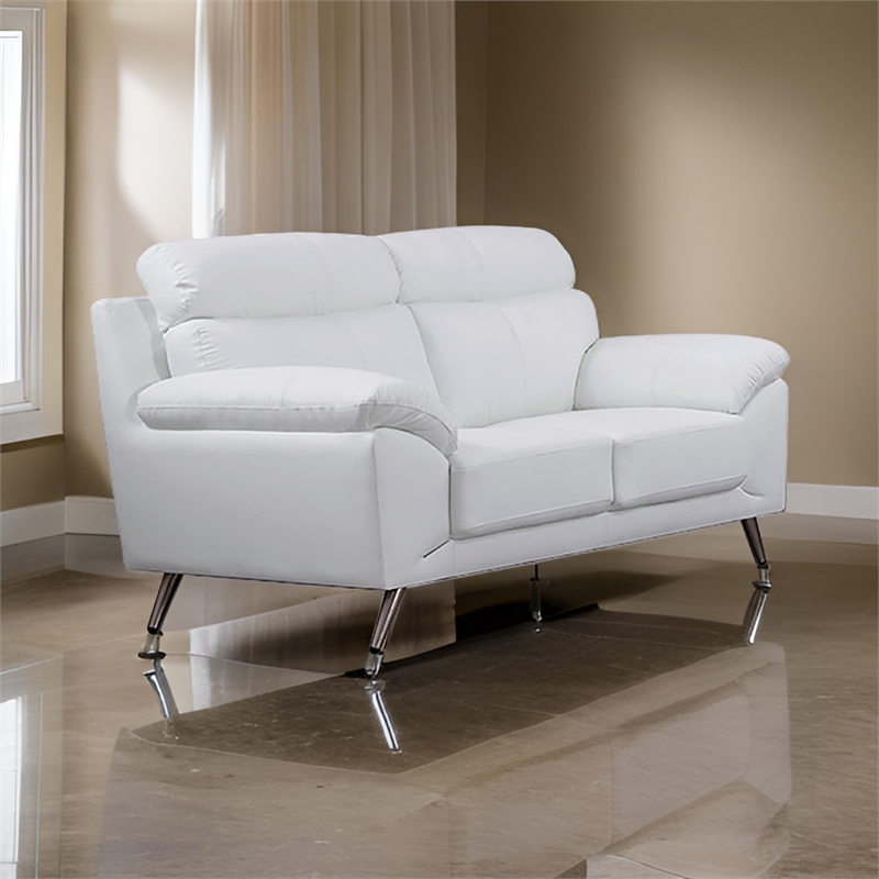 Benjara Justin Loveseat- White Top Grain Leather- Stainless Steel Legs- 64 Inch