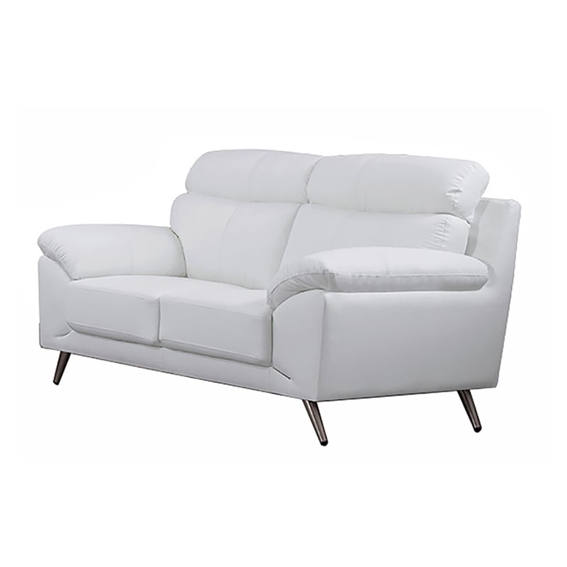 Benjara Justin Loveseat- White Top Grain Leather- Stainless Steel Legs- 64 Inch