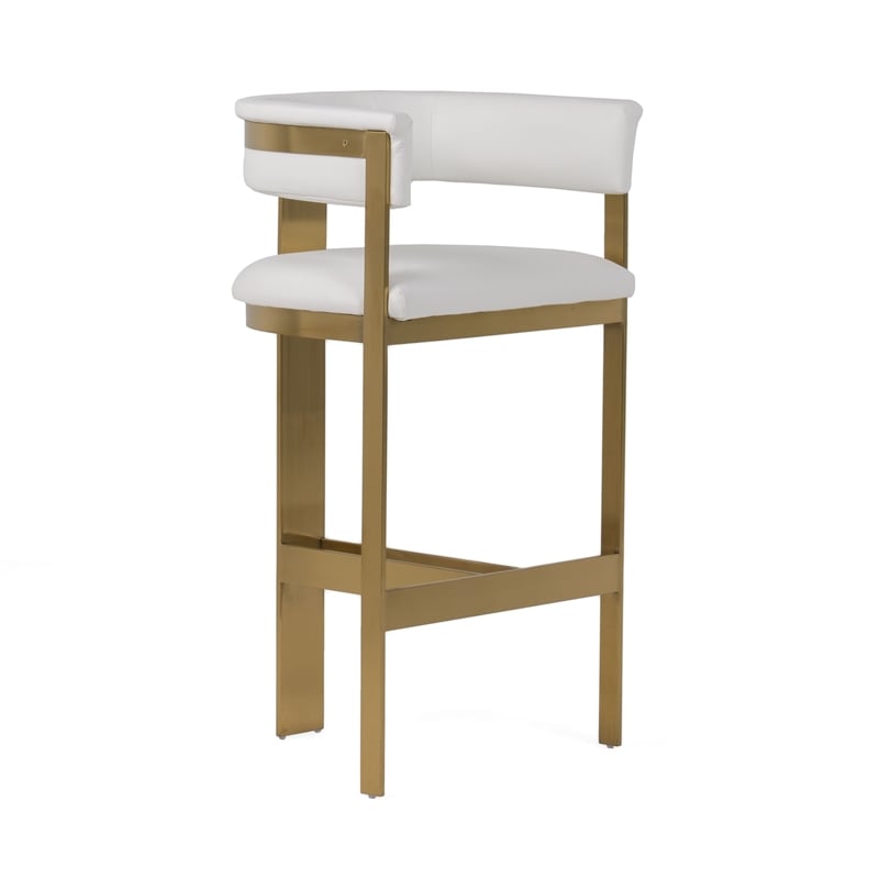 Benjara Cid Willow Barstool Chair- White Faux Leather- Gold Metal Three Leg Base
