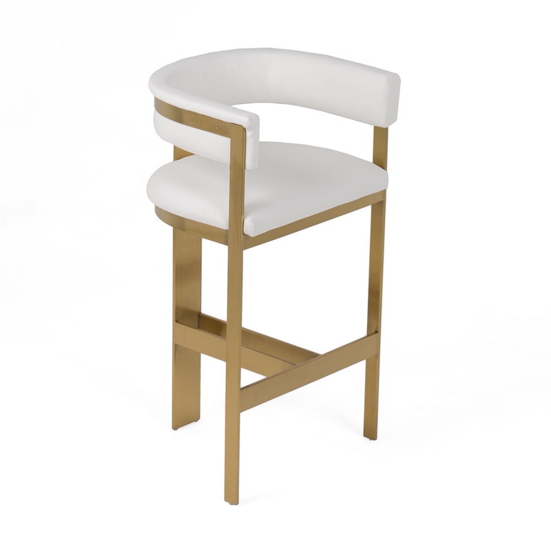 Benjara Cid Willow Barstool Chair- White Faux Leather- Gold Metal Three Leg Base