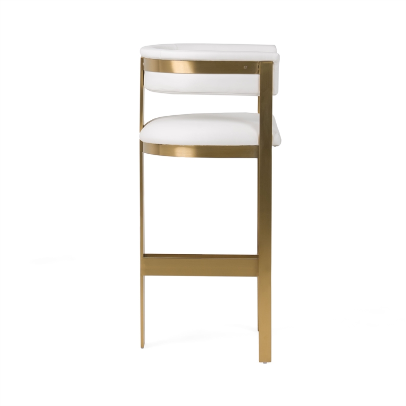 Benjara Cid Willow Barstool Chair- White Faux Leather- Gold Metal Three Leg Base