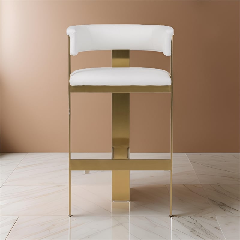 Benjara Cid Willow Barstool Chair- White Faux Leather- Gold Metal Three Leg Base