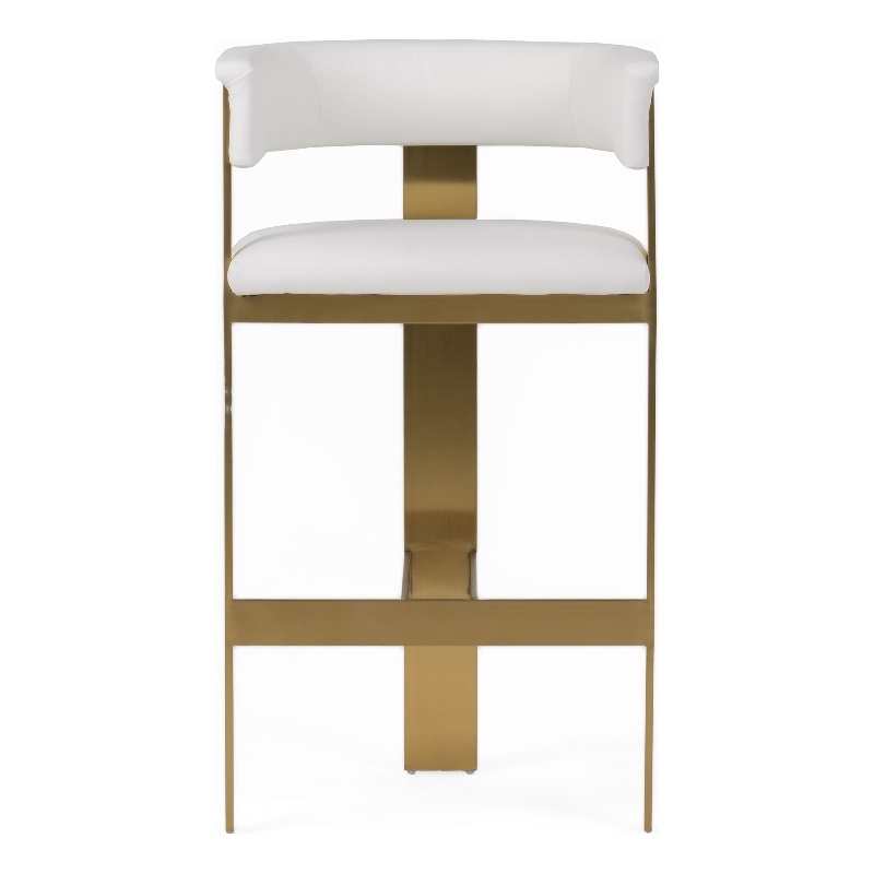 Benjara Cid Willow Barstool Chair- White Faux Leather- Gold Metal Three Leg Base