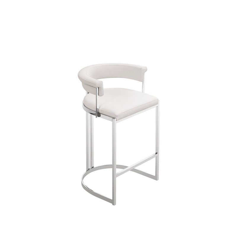 Benjara Cid Lisa Counter Stool Chair- White Faux Leather- Stainless Steel Legs