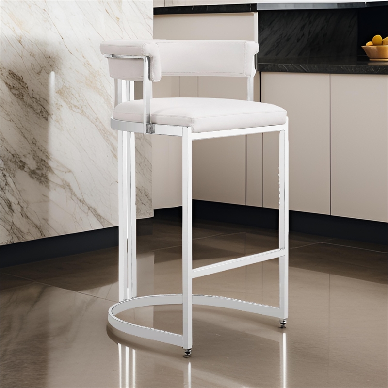 Benjara Cid Lisa Counter Stool Chair- White Faux Leather- Stainless Steel Legs