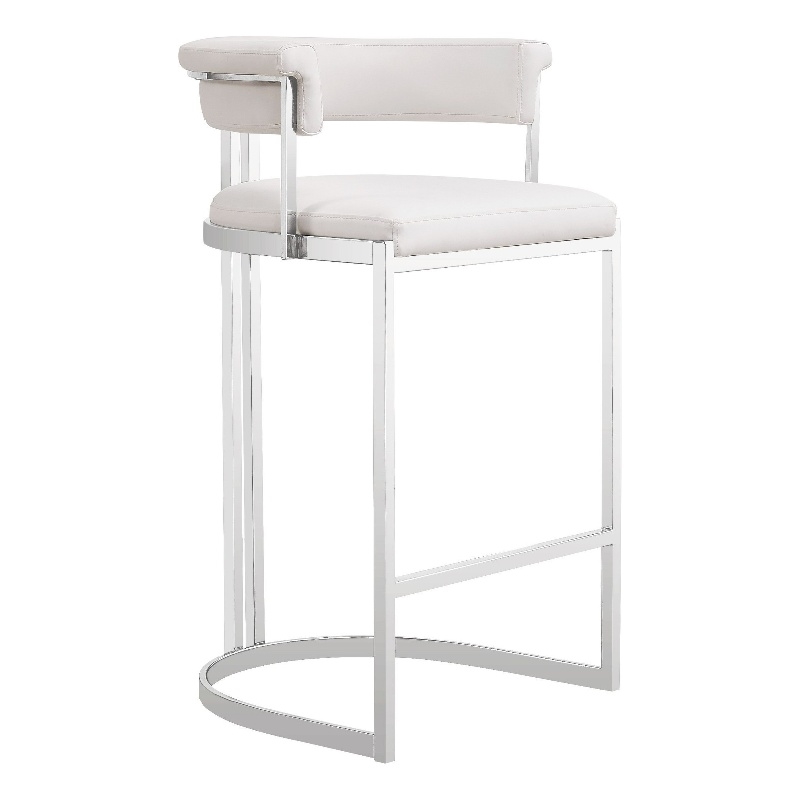 Benjara Cid Lisa Counter Stool Chair- White Faux Leather- Stainless Steel Legs