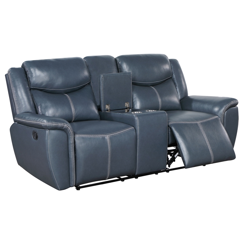 Benjara Eleni Manual Recliner Loveseat- Cup Holders- Blue Faux Leather- 79 Inch