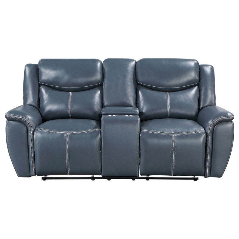 Benjara Eleni Manual Recliner Loveseat- Cup Holders- Blue Faux Leather- 79 Inch