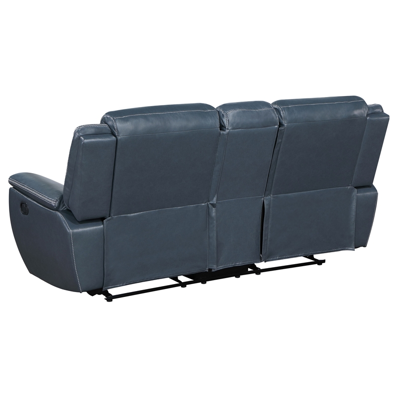 Benjara Eleni Manual Recliner Loveseat- Cup Holders- Blue Faux Leather- 79 Inch