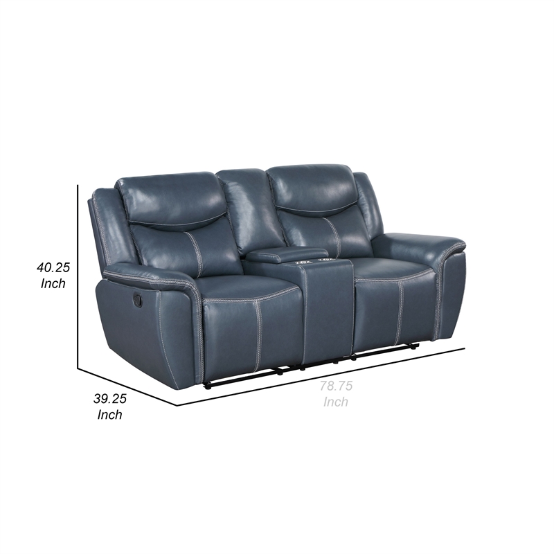 Benjara Eleni Manual Recliner Loveseat- Cup Holders- Blue Faux Leather- 79 Inch