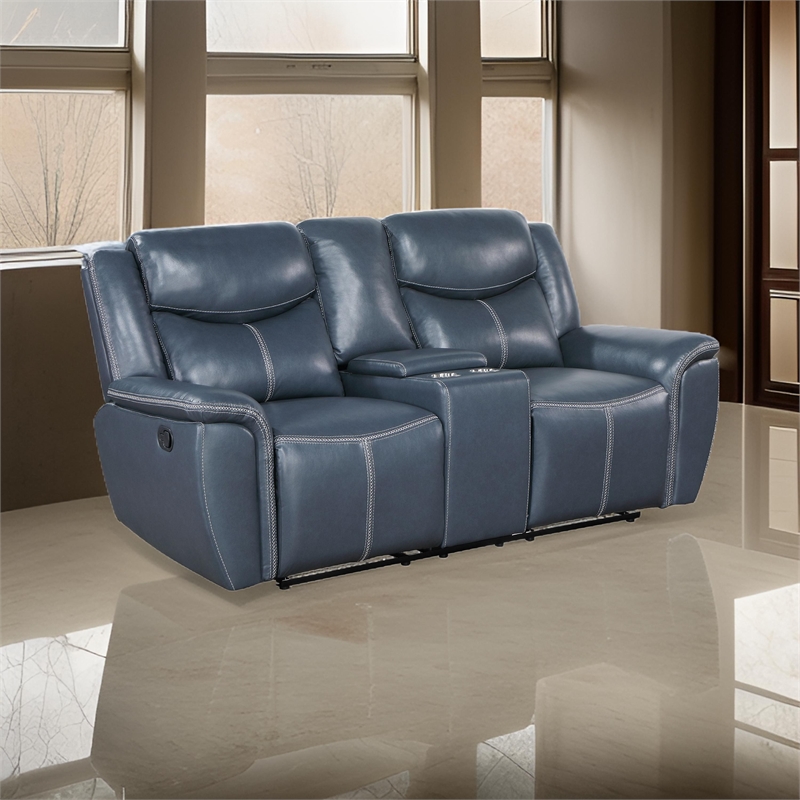 Benjara Eleni Manual Recliner Loveseat- Cup Holders- Blue Faux Leather- 79 Inch
