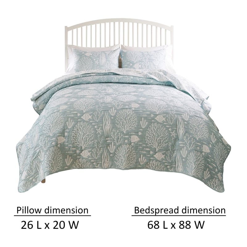 Benjara Amy 2pc XL Twin Coverlet & Pillow Sham Set- Coastal Design Seafoam Blue