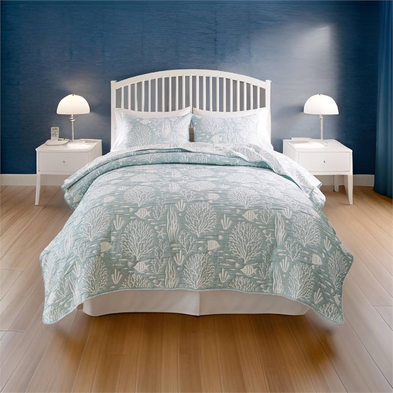 Benjara Amy 2pc XL Twin Coverlet & Pillow Sham Set- Coastal Design Seafoam Blue