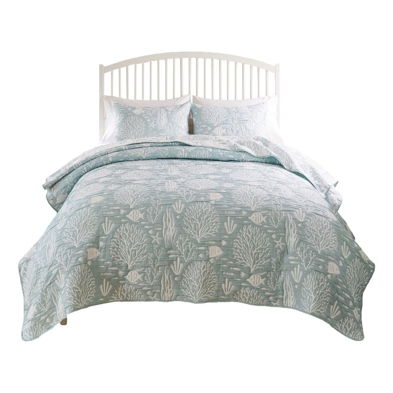 Benjara Amy 2pc XL Twin Coverlet & Pillow Sham Set- Coastal Design Seafoam Blue