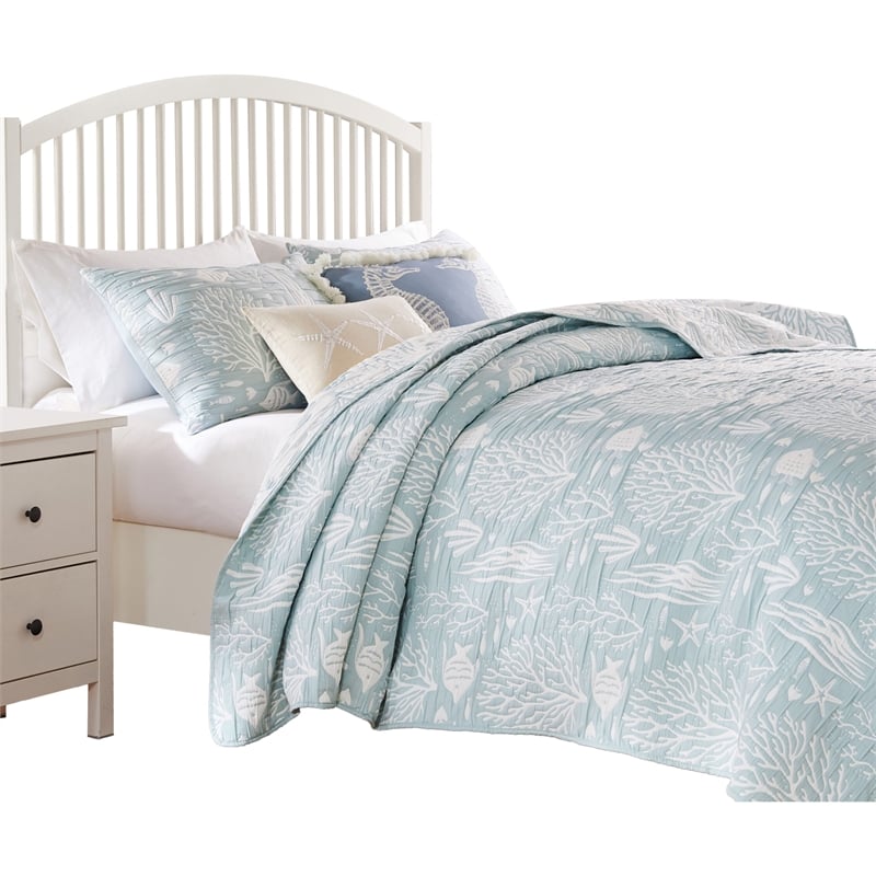 Benjara Amy 2pc XL Twin Coverlet & Pillow Sham Set- Coastal Design Seafoam Blue