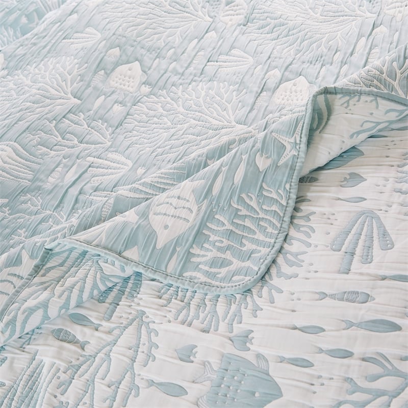 Benjara Amy 2pc XL Twin Coverlet & Pillow Sham Set- Coastal Design Seafoam Blue