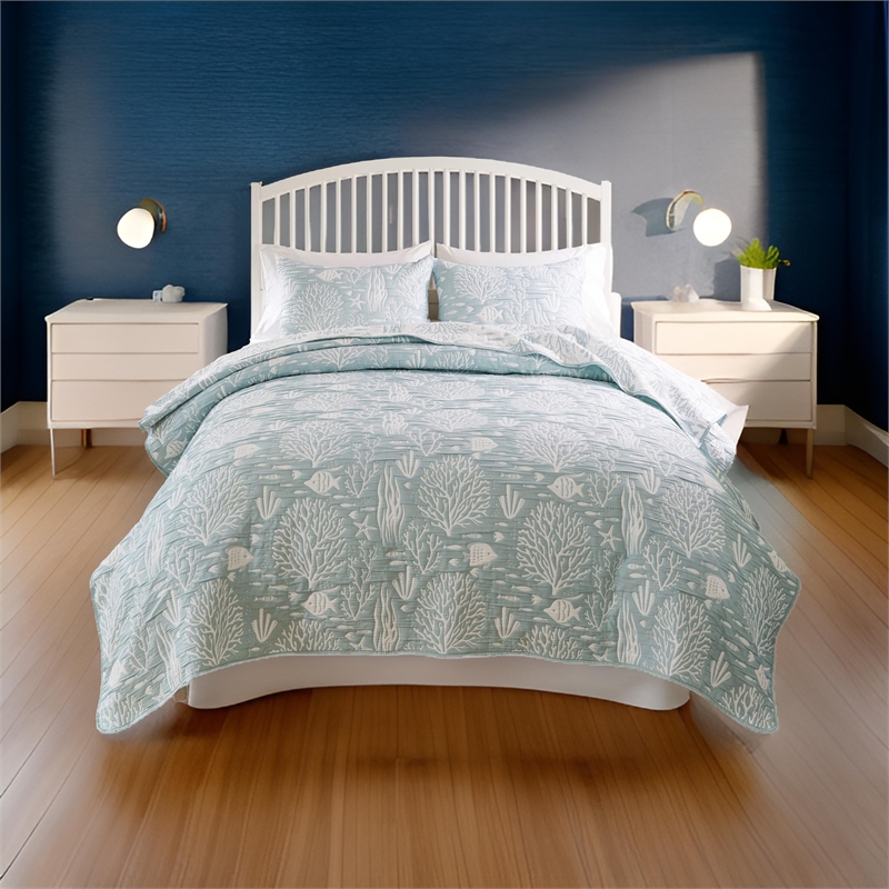 Benjara Amy 3pc Cal King Coverlet & Pillow Sham Set-Coastal Design-Seafoam Blue