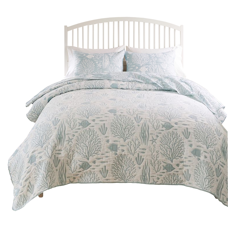 Benjara Amy 3pc Cal King Coverlet & Pillow Sham Set-Coastal Design-Seafoam Blue