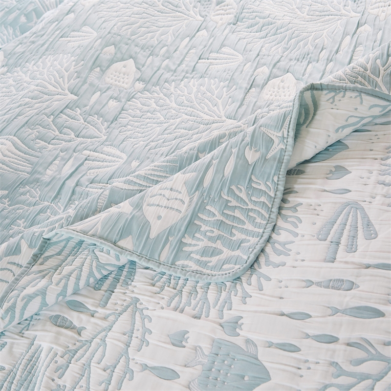 Benjara Amy 3pc Cal King Coverlet & Pillow Sham Set-Coastal Design-Seafoam Blue