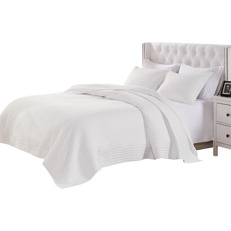 Benjara Xumi 3pc Full Queen Quilt & Pillow Sham Set- Channel Style Antique White