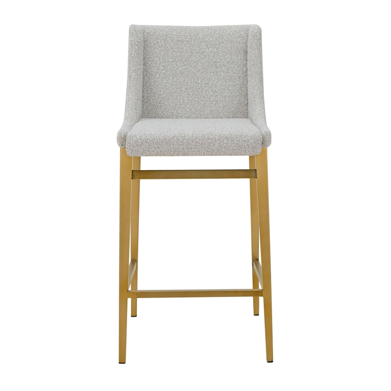 Benjara Cid Kinn Counter Stool Chair Set of 2- Light Gray Polyester- Brass Steel