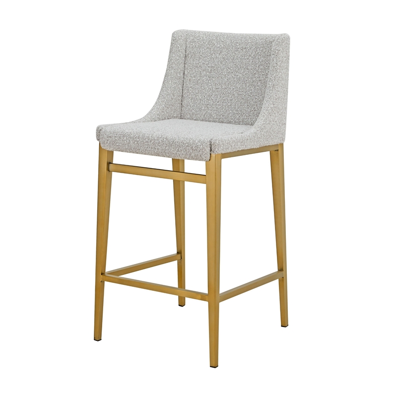 Benjara Cid Kinn Counter Stool Chair Set of 2- Light Gray Polyester- Brass Steel