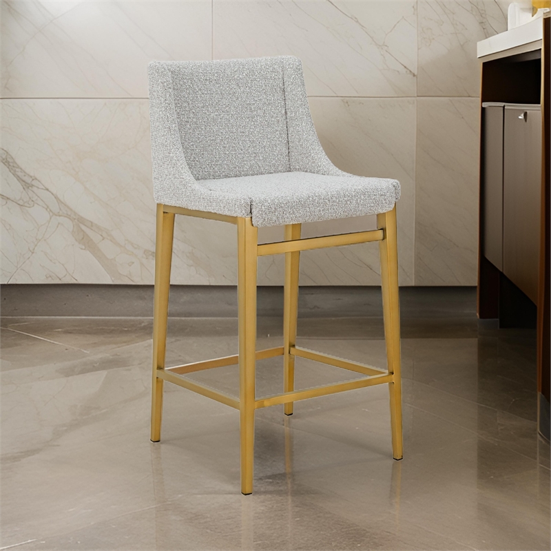 Benjara Cid Kinn Counter Stool Chair Set of 2- Light Gray Polyester- Brass Steel