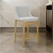 Benjara Cid Kinn Counter Stool Chair Set of 2- Light Gray Polyester- Brass Steel
