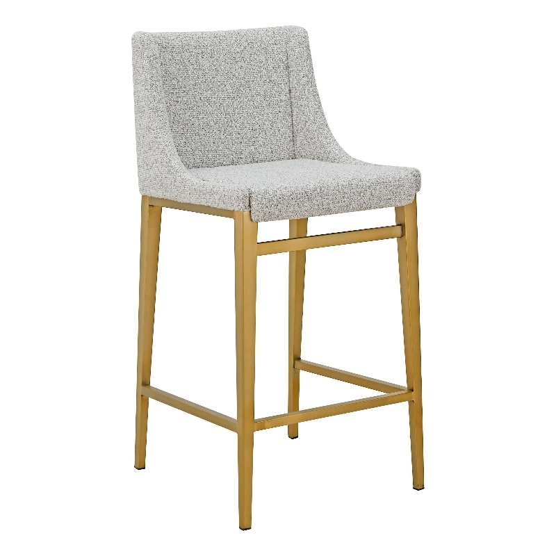 Benjara Cid Kinn Counter Stool Chair Set of 2- Light Gray Polyester- Brass Steel