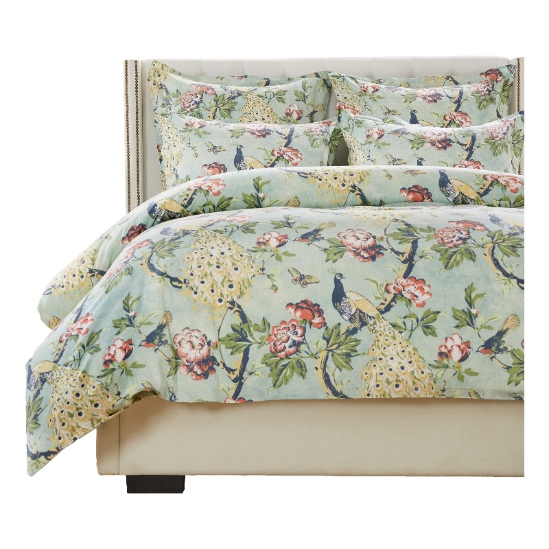 Benjara Sia 3pc Full Queen Duvet and Pillow Sham Set- Floral Jade Print Cotton