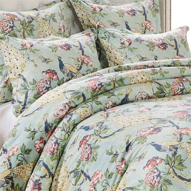 Benjara Sia 3pc Full Queen Duvet and Pillow Sham Set- Floral Jade Print Cotton