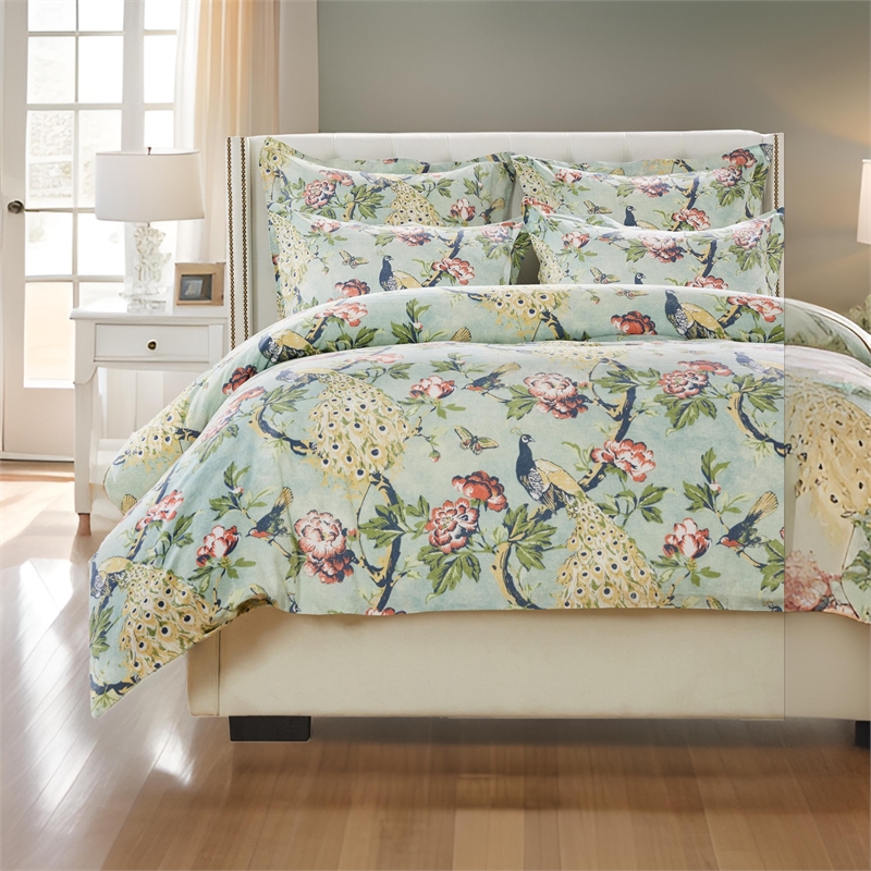 Benjara Sia 3pc Cal King Duvet and Pillow Sham Set- Floral Jade Print Cotton