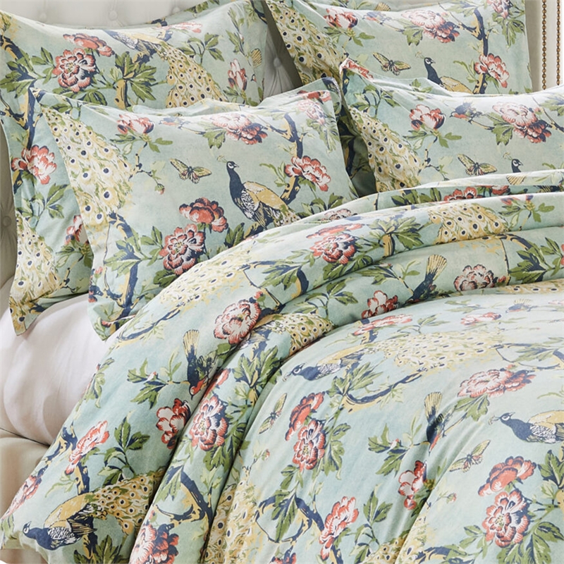 Benjara Sia 3pc Cal King Duvet and Pillow Sham Set- Floral Jade Print Cotton