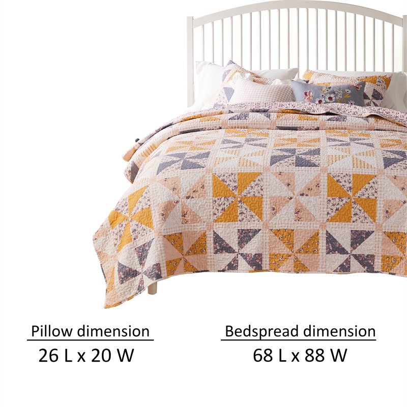 Benjara Jey 2pc XL Twin Quilt & Pillow Sham Set- Patchwork Pinwheel Print- Peach