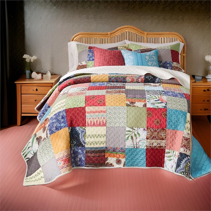 Benjara Lily 3pc Full to Queen Quilt and Pillow Sham Set- Multicolor Patchwork