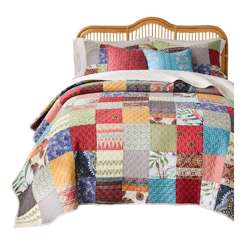 Benjara Lily 3pc Full to Queen Quilt and Pillow Sham Set- Multicolor Patchwork