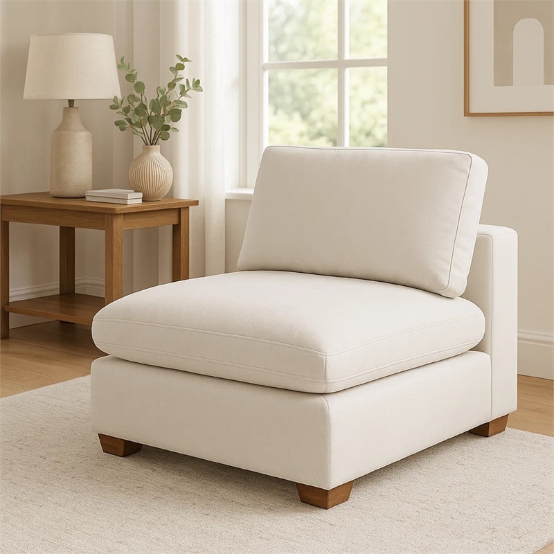 Benjara Lahe Modular Armless Sofa Chair- Brown Tapered Legs- Soft Ivory White