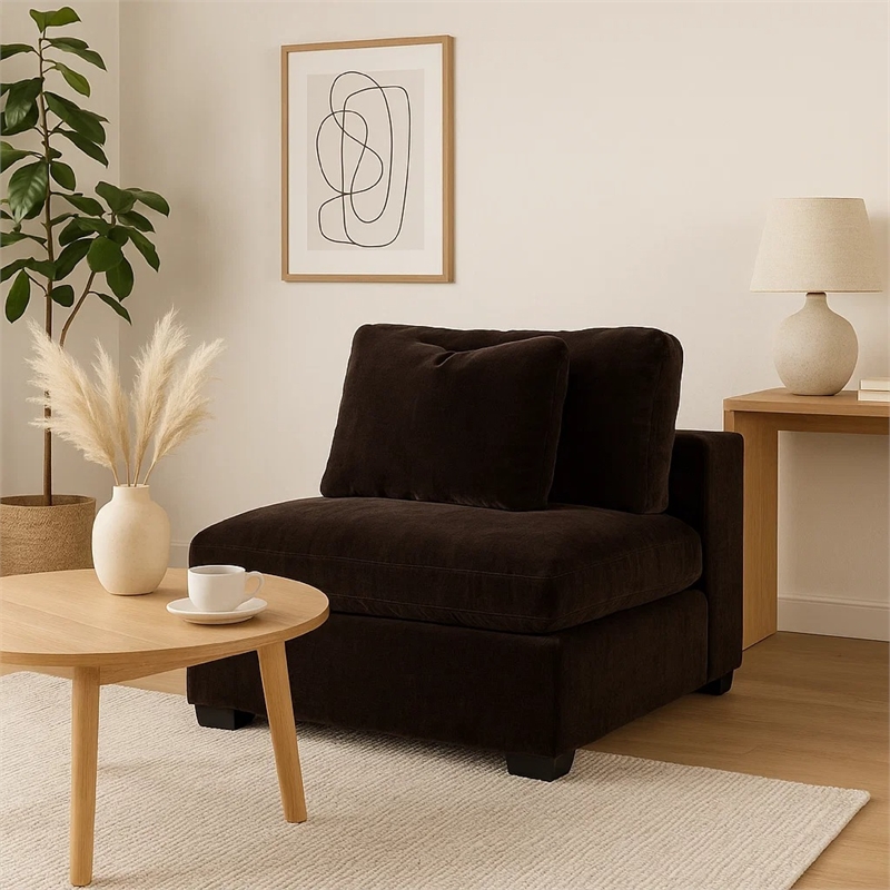 Benjara Lahe Modular Armless Sofa Chair- Modern Tapered Legs- Soft Brown Fabric