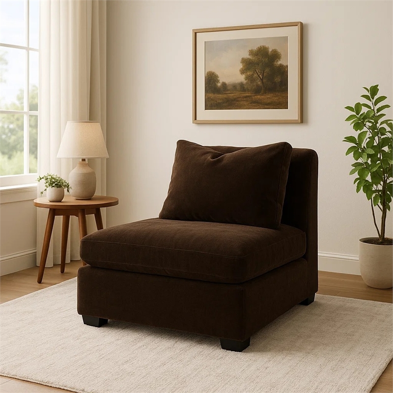 Benjara Lahe Modular Armless Sofa Chair- Modern Tapered Legs- Soft Brown Fabric