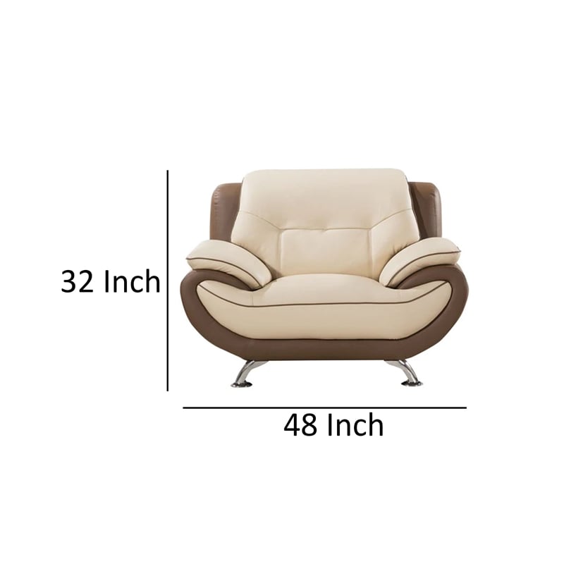 Benjara Diana Accent Chair- 2 Tone- Brown- Cream Genuine Leather- Steel Legs