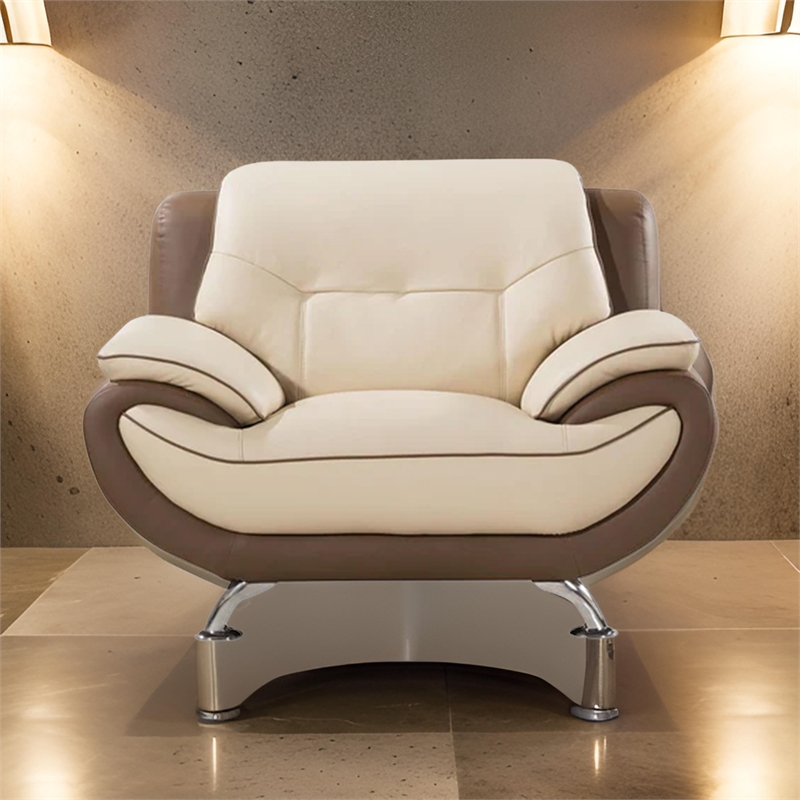 Benjara Diana Accent Chair- 2 Tone- Brown- Cream Genuine Leather- Steel Legs