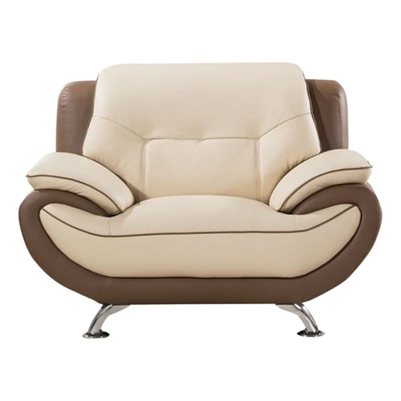 Benjara Diana Accent Chair- 2 Tone- Brown- Cream Genuine Leather- Steel Legs