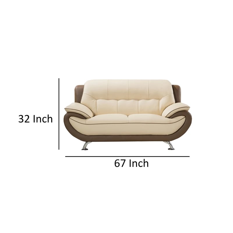 Benjara Diana Loveseat- Plush 2 Tone Brown and Cream Genuine Leather- 67 Inch