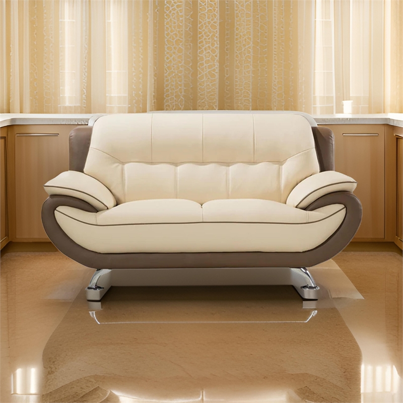 Benjara Diana Loveseat- Plush 2 Tone Brown and Cream Genuine Leather- 67 Inch