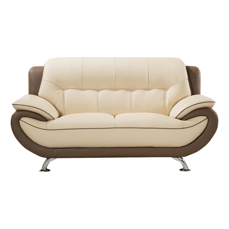 Benjara Diana Loveseat- Plush 2 Tone Brown and Cream Genuine Leather- 67 Inch